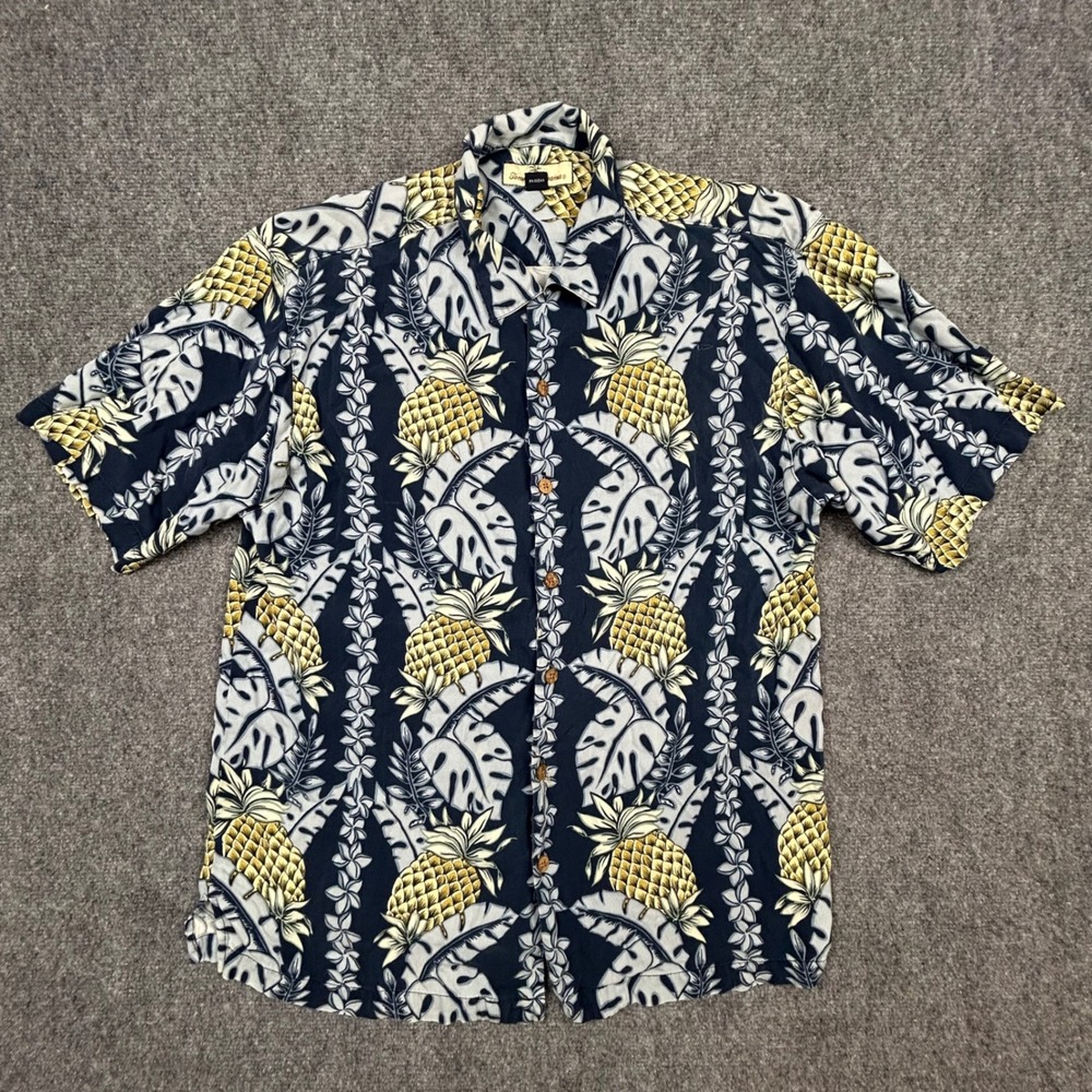 Tommy Bahama Silk Button Shirt Men M Blue Silk Pineapple Tropical Hawaiian Aloha